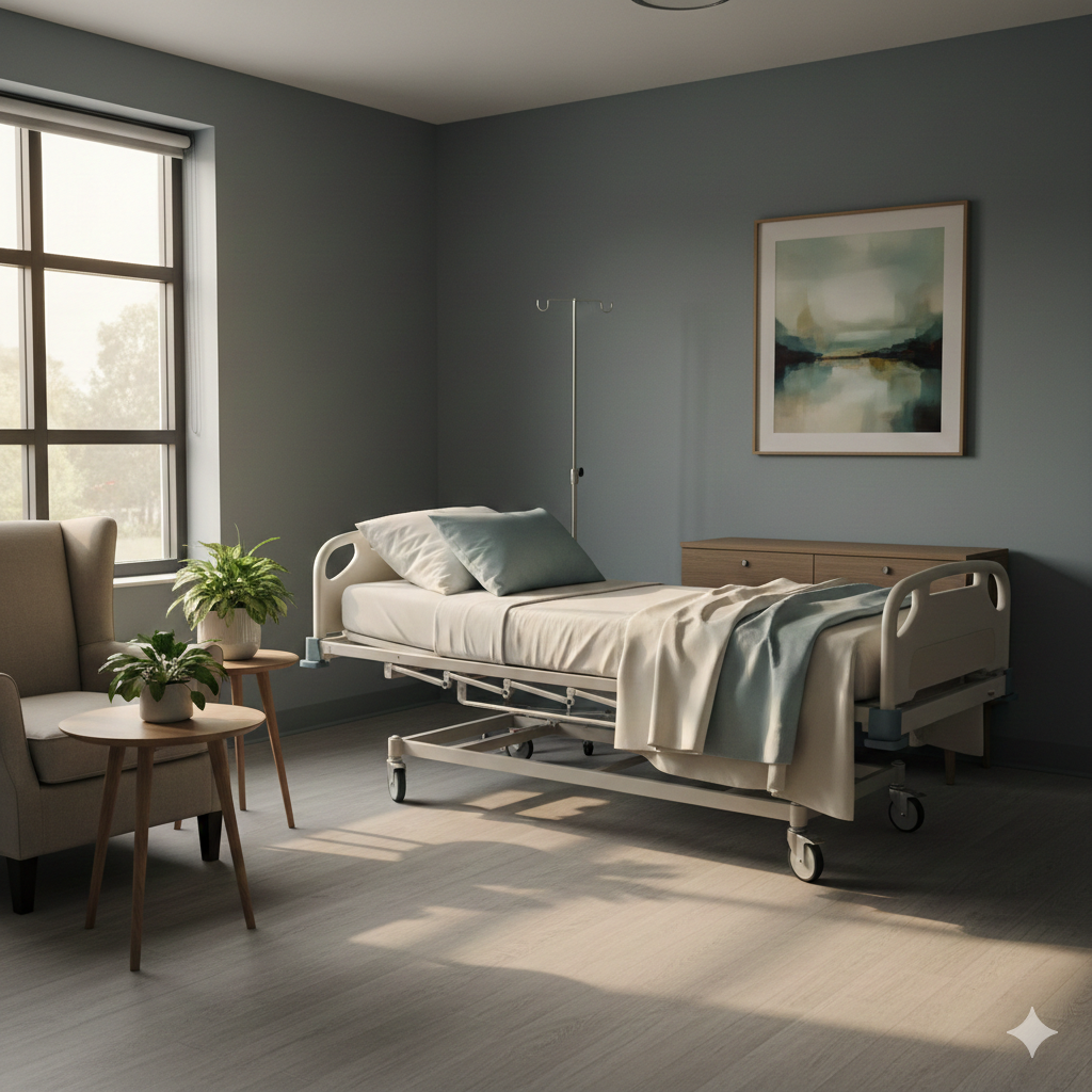  Hænder foldet i skød, mørk hospitalsgang i baggrunden