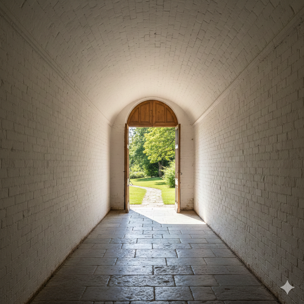 En lys passage med åben dør og sti videre – et billede på livet med Crohns sygdom