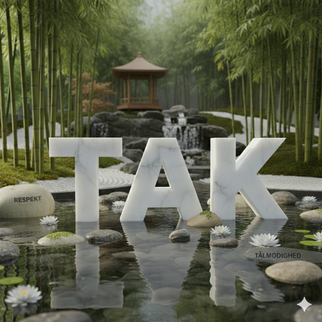 “Symbolsk billede med ordet TAK i vand, omgivet af natur – en stille tak for forståelse, respekt og tålmodighed.”