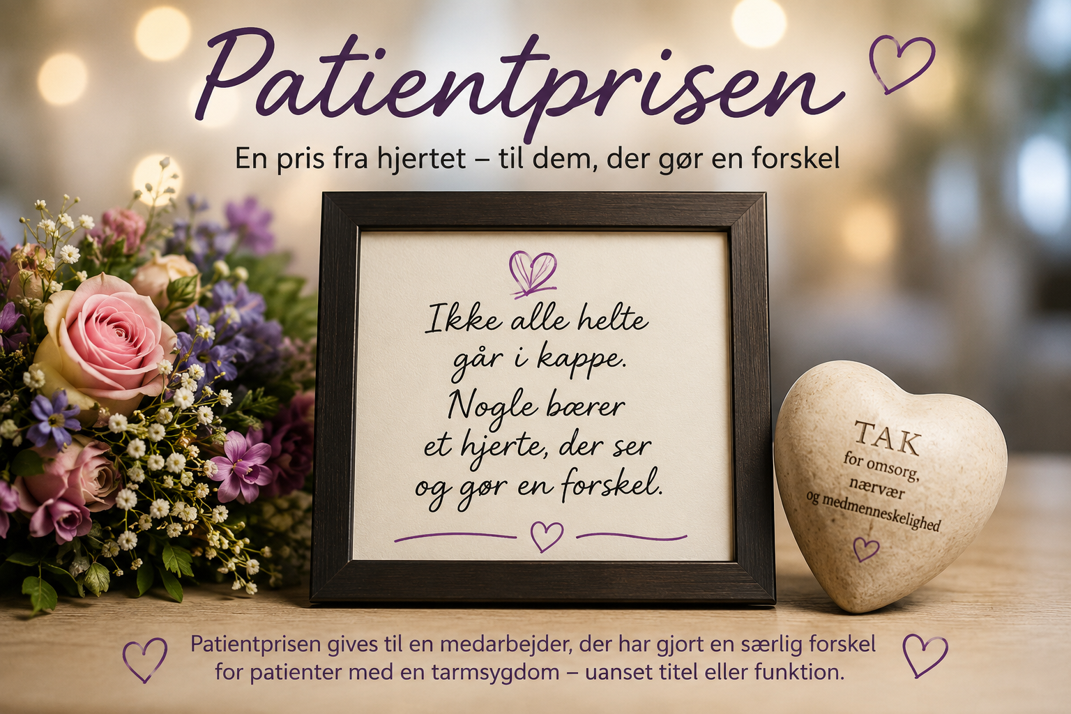 Illustration om patientprisen – en anerkendelse til den medarbejder, der har gjort en særlig forskel for en patient med tarmsygdom. Et varmt og stemningsfuldt billede med hjerte, blomster og lilla detaljer, der symboliserer omsorg, medmenneskelighed og taknemmelighed.